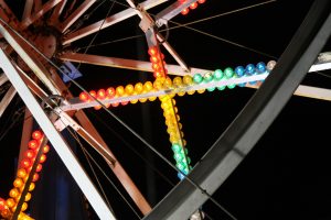 Colorful lights on ferris wheel